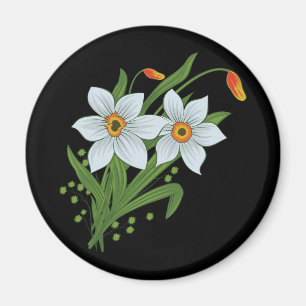 チューリップと水仙の花の黒い背景 マグネット