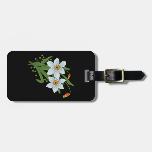 チューリップと水仙の花の黒い背景 ラゲッジタグ (正面横)