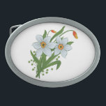 チューリップと水仙の花 卵形バックル<br><div class="desc">明るいカラフル春の花、黄色のチューリップと白い水仙の美しい花束。</div>