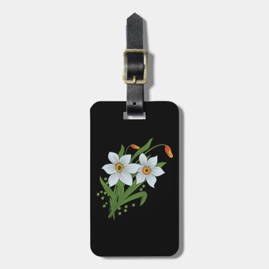 チューリップと水仙の花 黒い背景 ラゲッジタグ (正面縦)