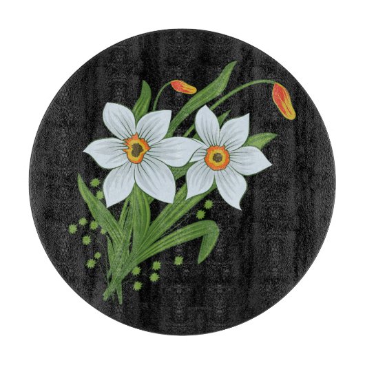 チューリップと水仙の花 黒背景 カッティングボード (正面)