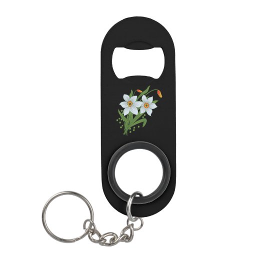 チューリップと水仙の花 黒背景 キーホルダー栓抜き (正面)