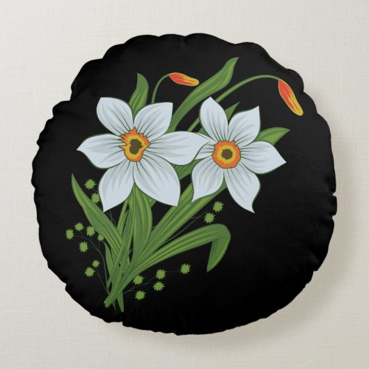 チューリップと水仙の花 黒背景 ラウンドクッション (正面)