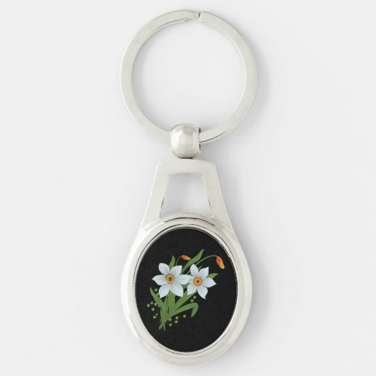 チューリップと水仙 黒背景の花 キーホルダー (正面)