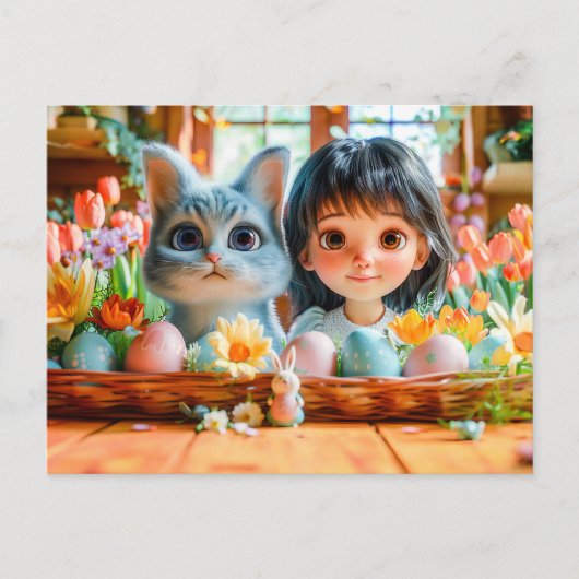 チューリップと猫とイースターモーニング シーズンポストカード (正面)