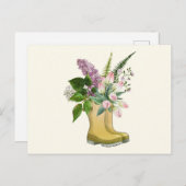 チューリップと薄紫の花とガーデンブーツ ポストカード (正面/裏面)