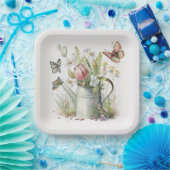 チューリップと蝶との散水缶 ペーパープレート (パーティー)