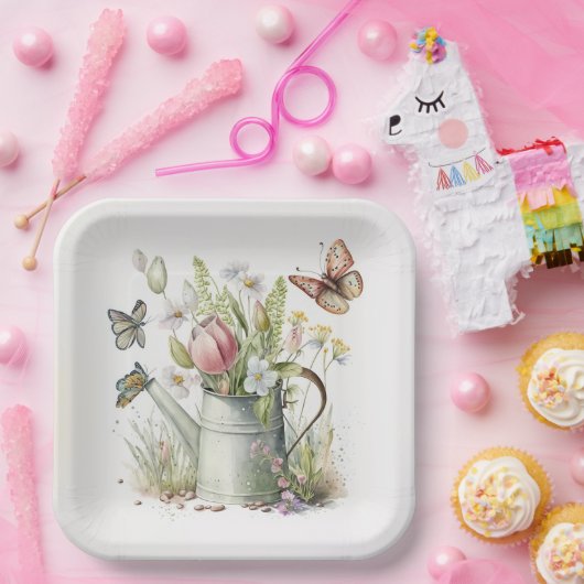 チューリップと蝶との散水缶 ペーパープレート (パーティー)