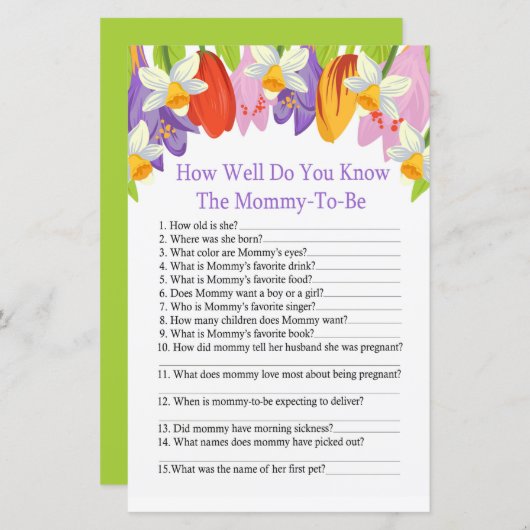 チューリップどのように良く赤ちゃんシャワーのゲームを知っている (正面/裏面)