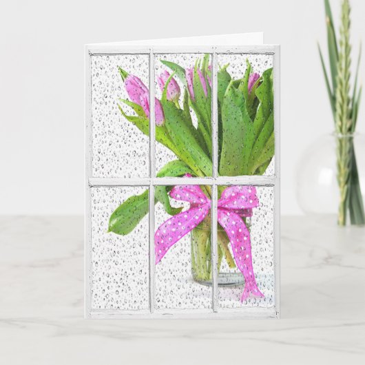 チューリップのある窓に降る誕生日の雨 カード (正面)