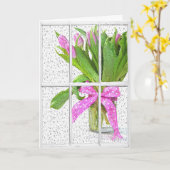 チューリップのある窓に降る誕生日の雨 カード (黄色い花)