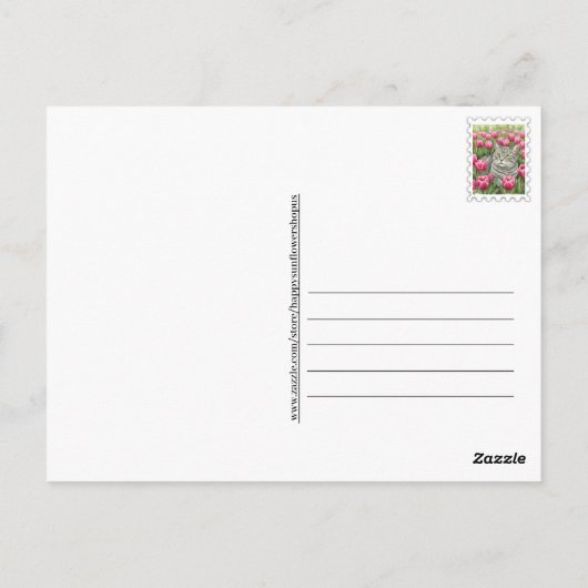 チューリップのはがきのかわいいグレー猫 ポストカード (裏面)