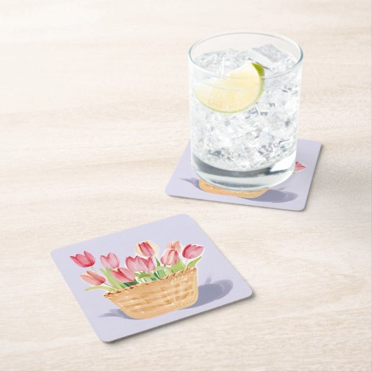 チューリップのバスケット | 花の水彩画 スクエアペーパーコースター (インサイチュ)