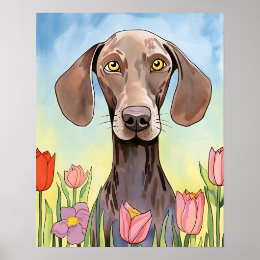 チューリップのポスター絵を描付きワイマラナー犬 ポスター (正面)