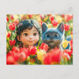 チューリップの中の春の幻想少女と猫 シーズンポストカード