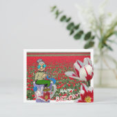 チューリップの女性編み物 マグ 誕生日ポストカード ポストカード (スタンド正面)