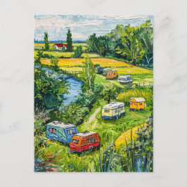 チューリップの幻想的な絵画によるキャンピングカー ポストカード