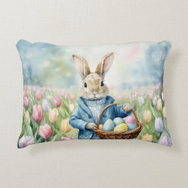 チューリップの牧草地のイースターバニー アクセントクッション