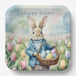 チューリップの牧草地のイースターバニー ペーパープレート