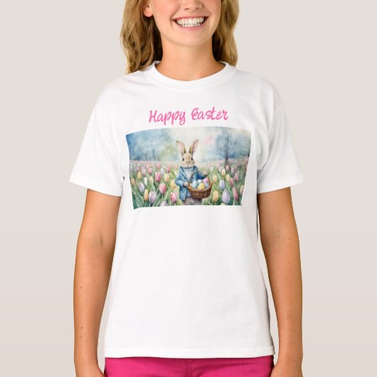 チューリップの牧草地のイースターバニー Tシャツ (正面)
