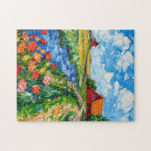 チューリップの畑と納屋と小川のファンタジー絵画 ジグソーパズル (横)