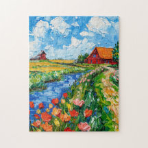 チューリップの畑と納屋と小川のファンタジー絵画