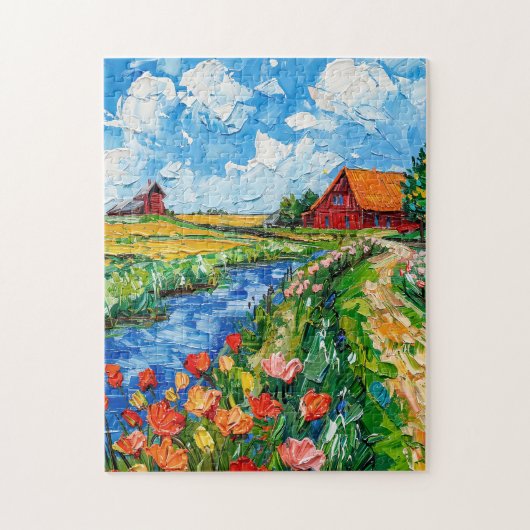 チューリップの畑と納屋と小川のファンタジー絵画 ジグソーパズル (縦)