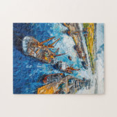 チューリップの畑と納屋と小川のファンタジー絵画 ジグソーパズル (横)