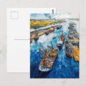 チューリップの畑と納屋と小川のファンタジー絵画 ポストカード (正面/裏面)