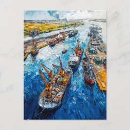 チューリップの畑と納屋と小川のファンタジー絵画 ポストカード