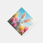 チューリップの白いイースターバニー スタンダードカクテルナプキン (角)