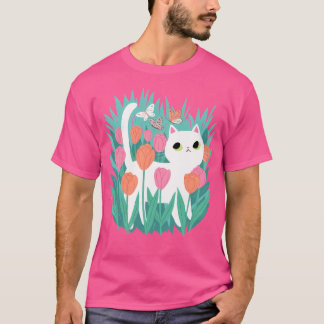 チューリップの白い猫 Tシャツ