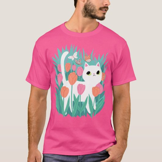 チューリップの白い猫 Tシャツ (正面)