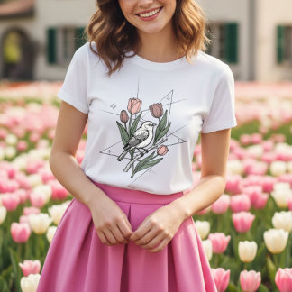 チューリップの花と鳥のミニマリスト フローラル ボタニカル トライブレンドTシャツ