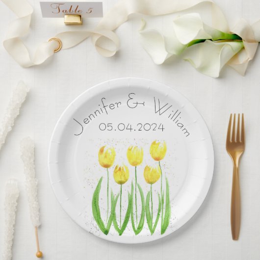 チューリップの花の水色イエロー素朴結婚ズ ペーパープレート (ウェディング)