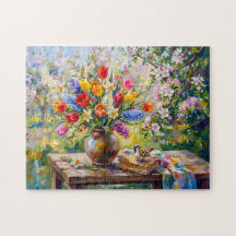 チューリップの花束の絵画風静物画