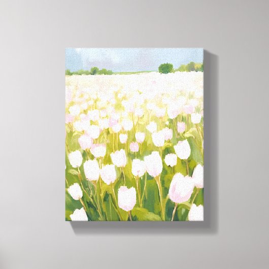 チューリップの花畑の白い花の絵 キャンバスプリント (正面)