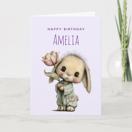 チューリップの誕生日を持つかわいいウサギ カード (正面)