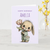 チューリップの誕生日を持つかわいいウサギ カード (黄色い花)
