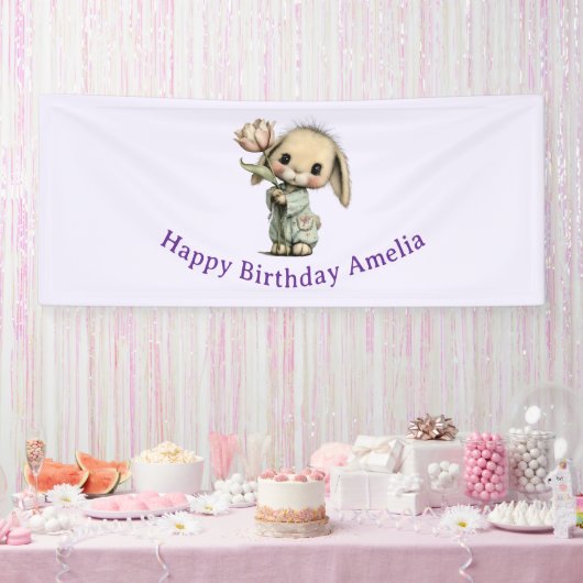 チューリップの誕生日を持つかわいいウサギ 横断幕 (パーティー)