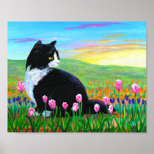 チューリップの野原Tuxedo黒猫アート ポスター
