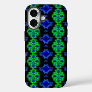 チューリップアートデコインレトロスタイルグリーンブルーブラック iPhone 16ケース