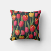 チューリップイエローピンクレッドグリーンブラックフローラ クッション (正面)