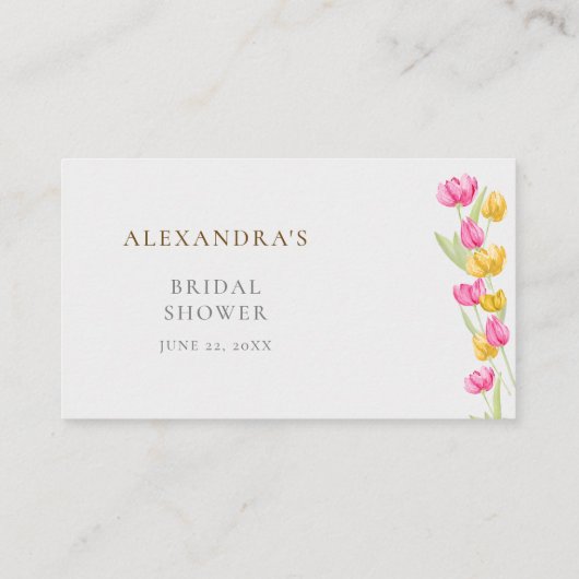 チューリップウオーターカラーピンク春ブライダルシャワーレシピ エンクロージャーカード (裏面)
