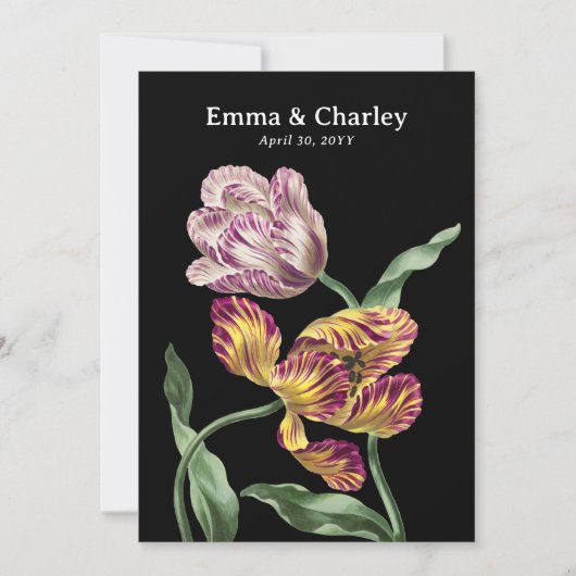 チューリップエレガントブラックヴィンテージフローラ庭園の結婚式 招待状 (正面)