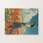 チューリップカラフルフィールドヴィンテージ内の女性 ジグソーパズル (横)