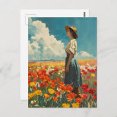 チューリップカラフルフィールドヴィンテージ内の女性 ポストカード (正面/裏面)
