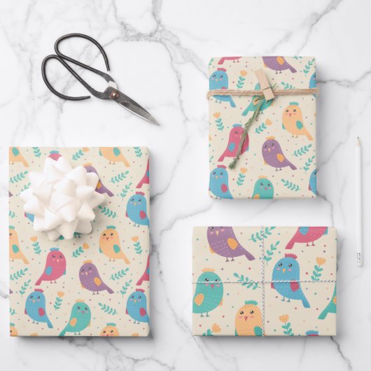 チューリップカラフル付き子供かわいい鳥 ラッピングペーパーシート (正面)