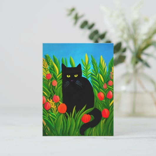 チューリップガーデンに住む小さな黒猫 ポストカード (スタンド正面)