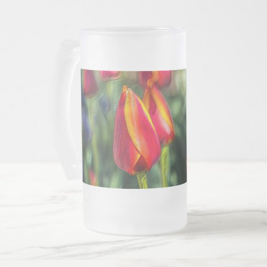 チューリップガーデンのテクスチャ付きすりガラスのビールマグ フロストグラスビールジョッキ (正面左)